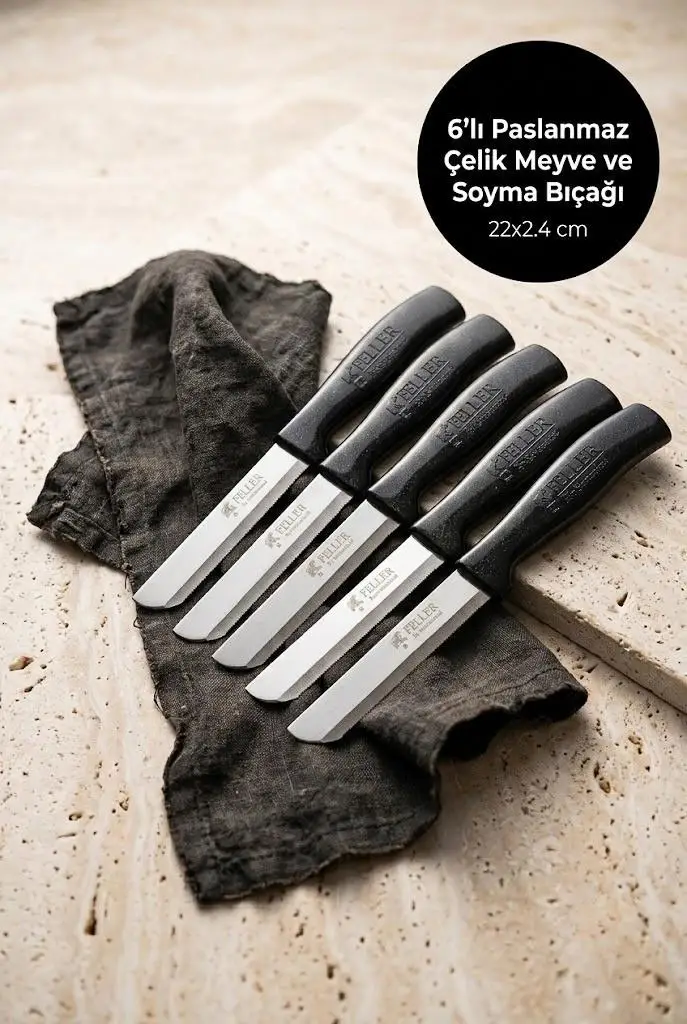 Feller 6'lı Lazer Tırtıklı Paslanmaz Çelik Sebze Meyve Bıçağı 22x2.4 cm - Siyah Saplı Soyma Ve Doğrama Seti