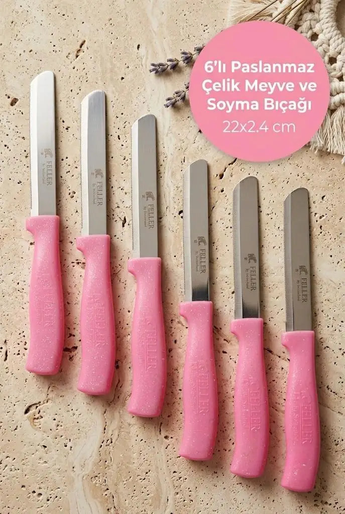 Feller 6'lı Lazer Tırtıklı Paslanmaz Çelik Sebze Meyve Bıçağı 22x2.4 cm - Pembe Saplı Soyma Ve Doğrama Seti
