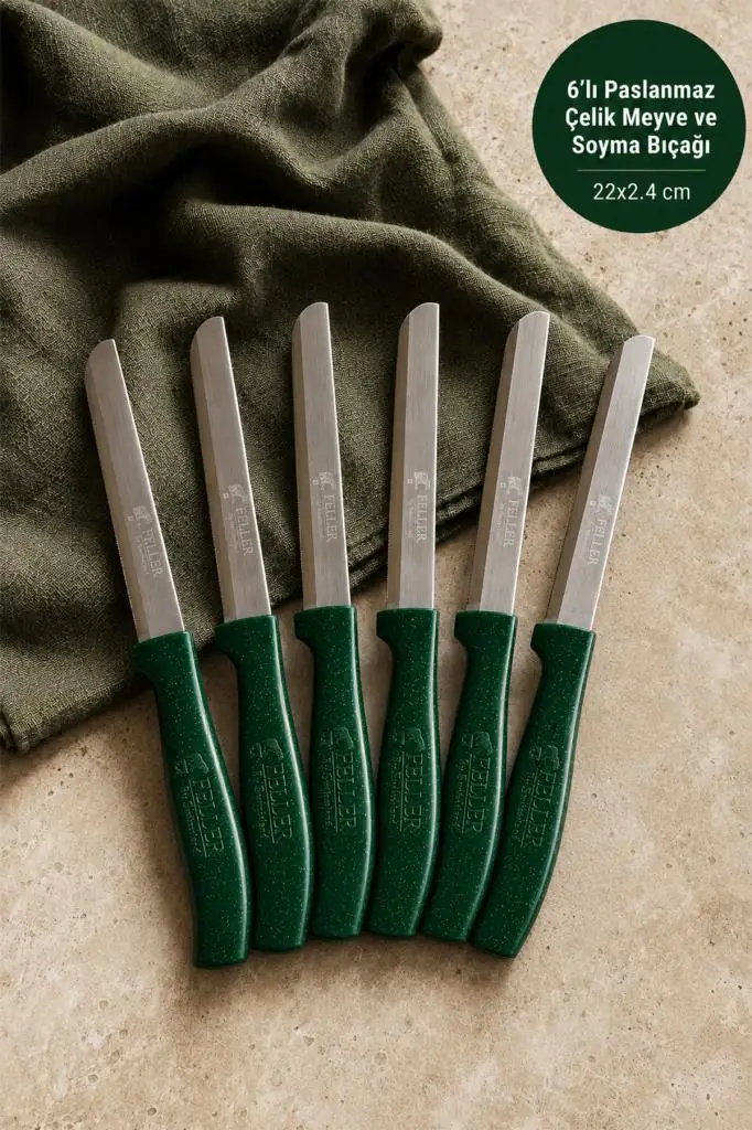 Feller 6'lı Lazer Tırtıklı Paslanmaz Çelik Sebze Meyve Bıçağı 22x2.4 cm - Yeşil Saplı Soyma Ve Doğrama Seti