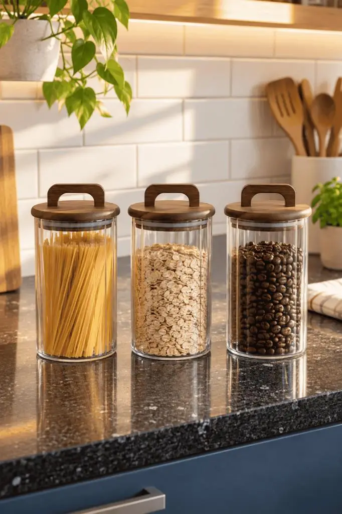 Atbyhome 3'lü Kulplu Akasya Ahşap Kapaklı Çizgili Cam Kavanoz Seti 950 ml Vakumlu Bakliyat Ve Erzak Kabı