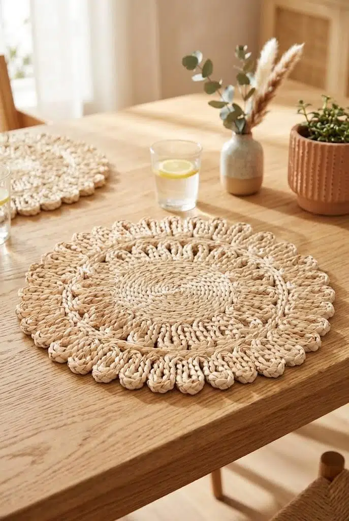 Doğal Rattan Hasır Supla 38 cm - El Örmesi Dantel Kenarlı Yuvarlak Amerikan Servisi