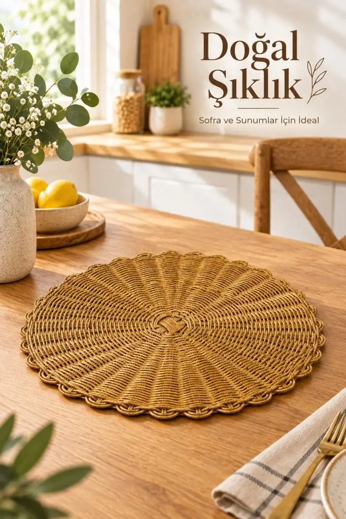 Doğal Rattan Yuvarlak Supla 36 cm | Bohem Örgü Amerikan Servisi Ve Dekoratif Tabak Altlığı