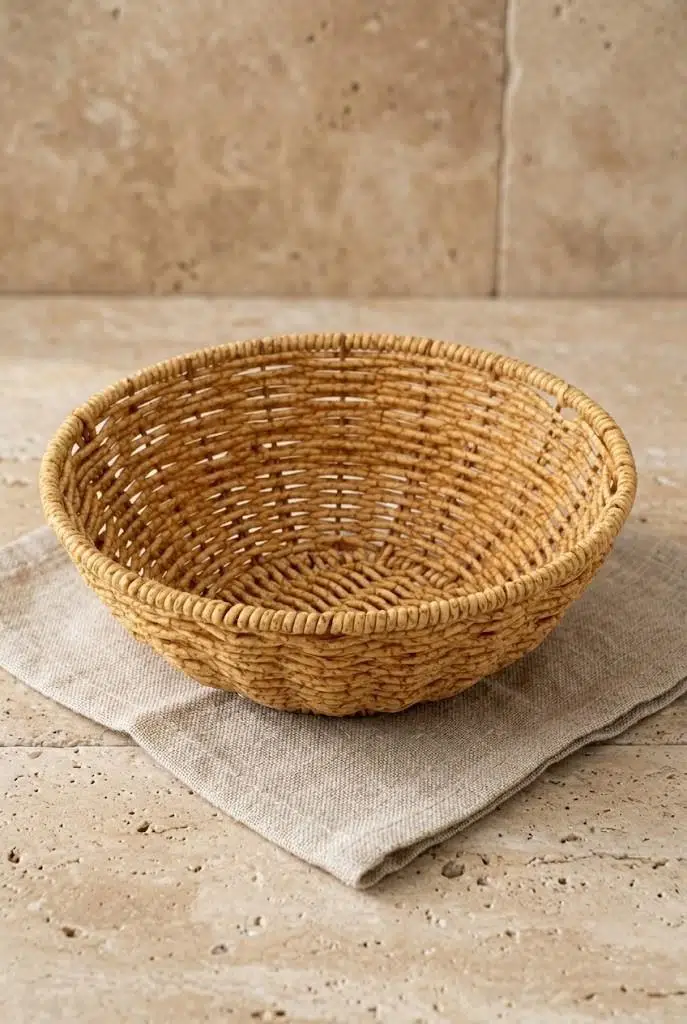 Yıkanabilir Rattan Yuvarlak Ekmek Sepeti 20.5 cm - Metal İskeletli Hasır Banyo Ve Mutfak Sepeti