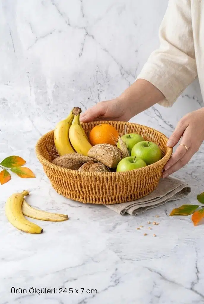 Yuvarlak Rattan Ekmek Sepeti 24.5x7 cm - El Örmesi Hasır Meyvelik Ve Sunum Sepeti