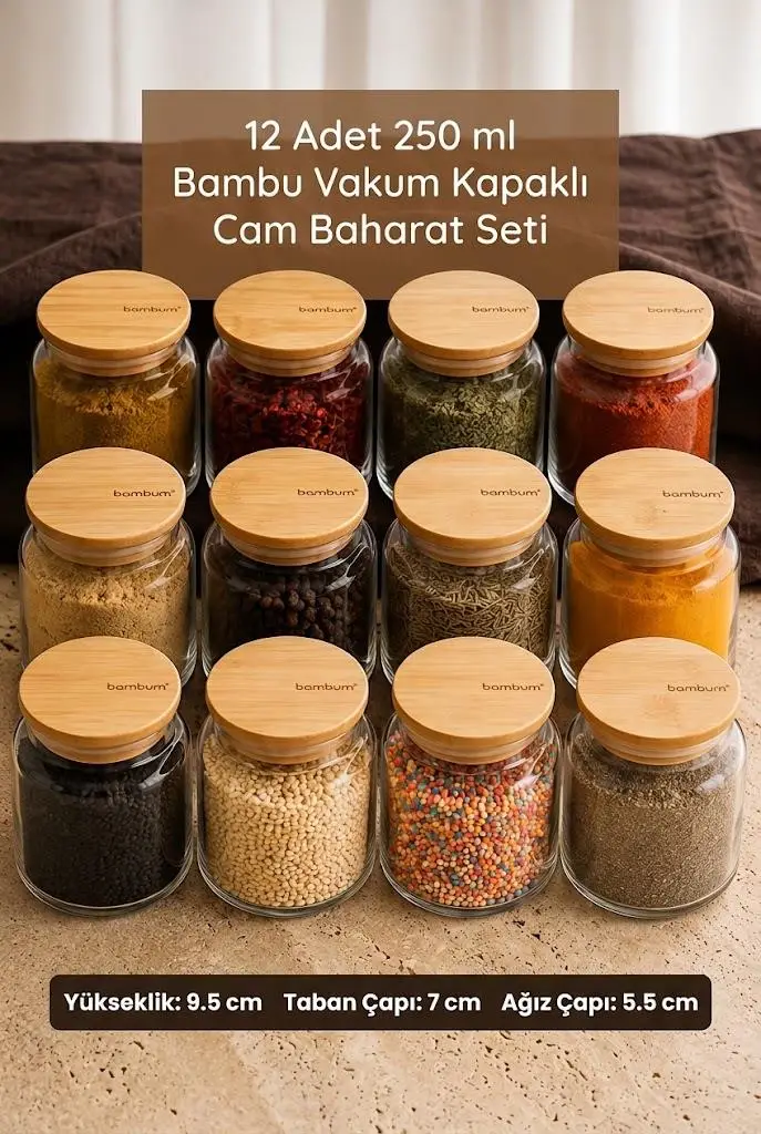 Zone 12'li Cam Baharatlık Seti 250 ml - Bambu Vakum Kapaklı Mutfak Erzak Saklama Kabı Ve Baharat Takımı