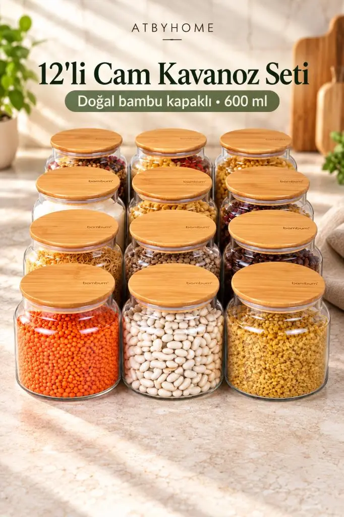 Zone - 12'li Cam Saklama Kabı 600ml Vakumlu Bambu Kapaklı